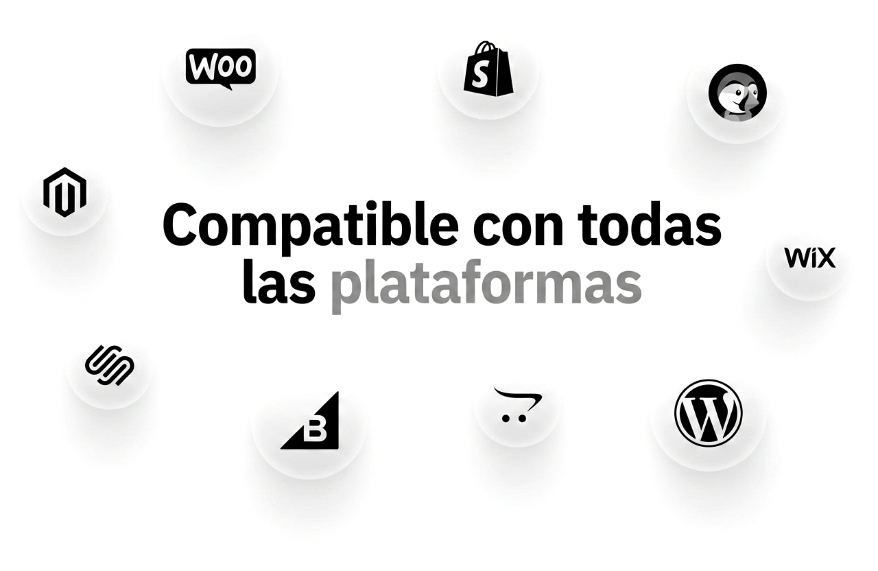 Compatible con WooCommerce, Shopify, PrestaShop, Magento, Wix, Squarespace, BigCommerce, Ecwid y WordPress